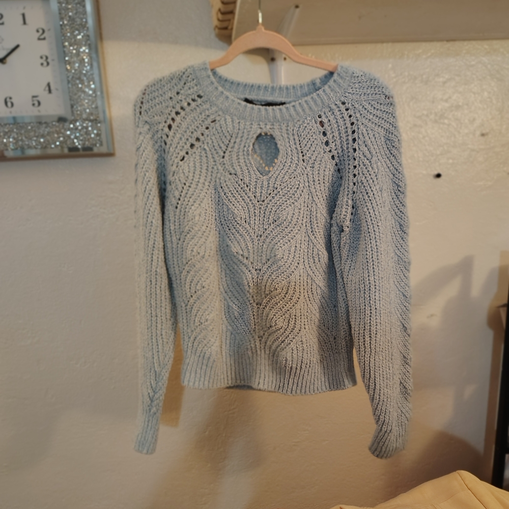 White House Black Market Light Blue Sweater with knitted opening in the front - Picture 8 of 8